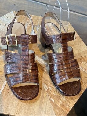 Salvatore Ferragamo Brown Croc-Embossed Slingback Heels
